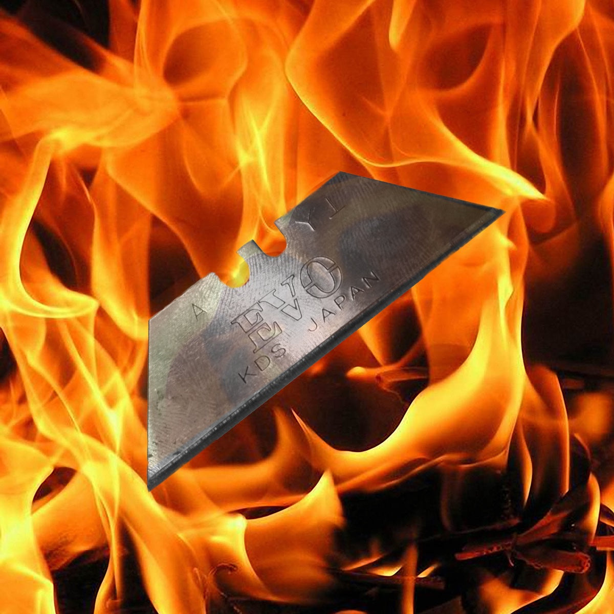 Tradegear Online's KDS EVO Black Trapezoidal Blade in flames