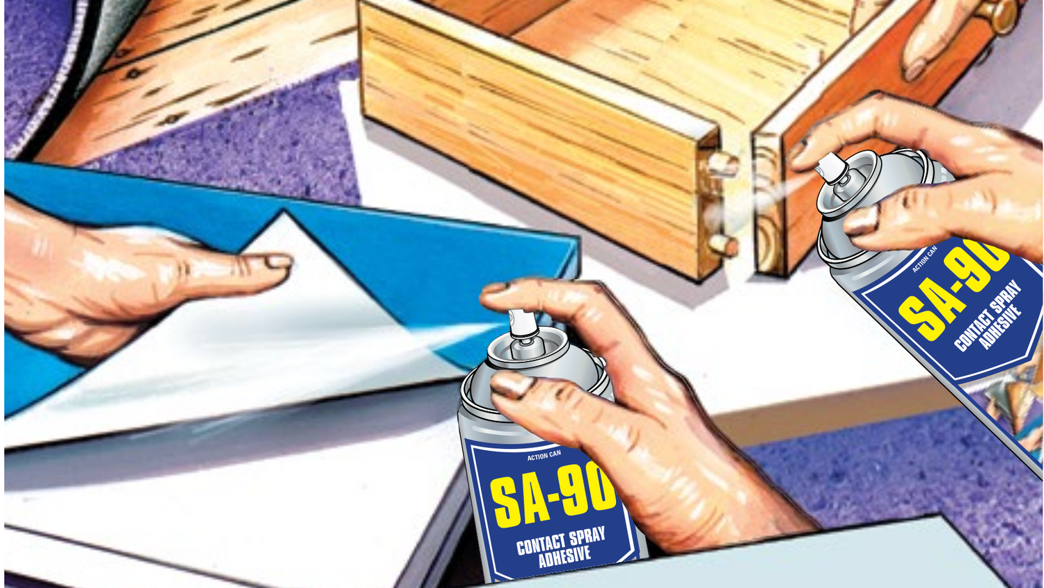 Illustration of hands using SA-90 contact spray on wooden surfaces