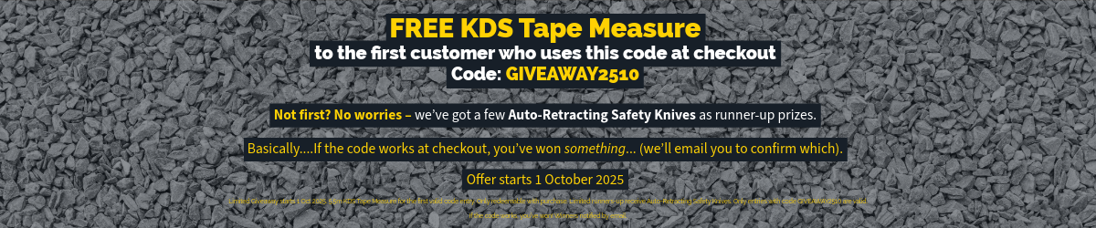 Promotional banner for a free KDS Tape Measure offer with a code on a textured gray background.